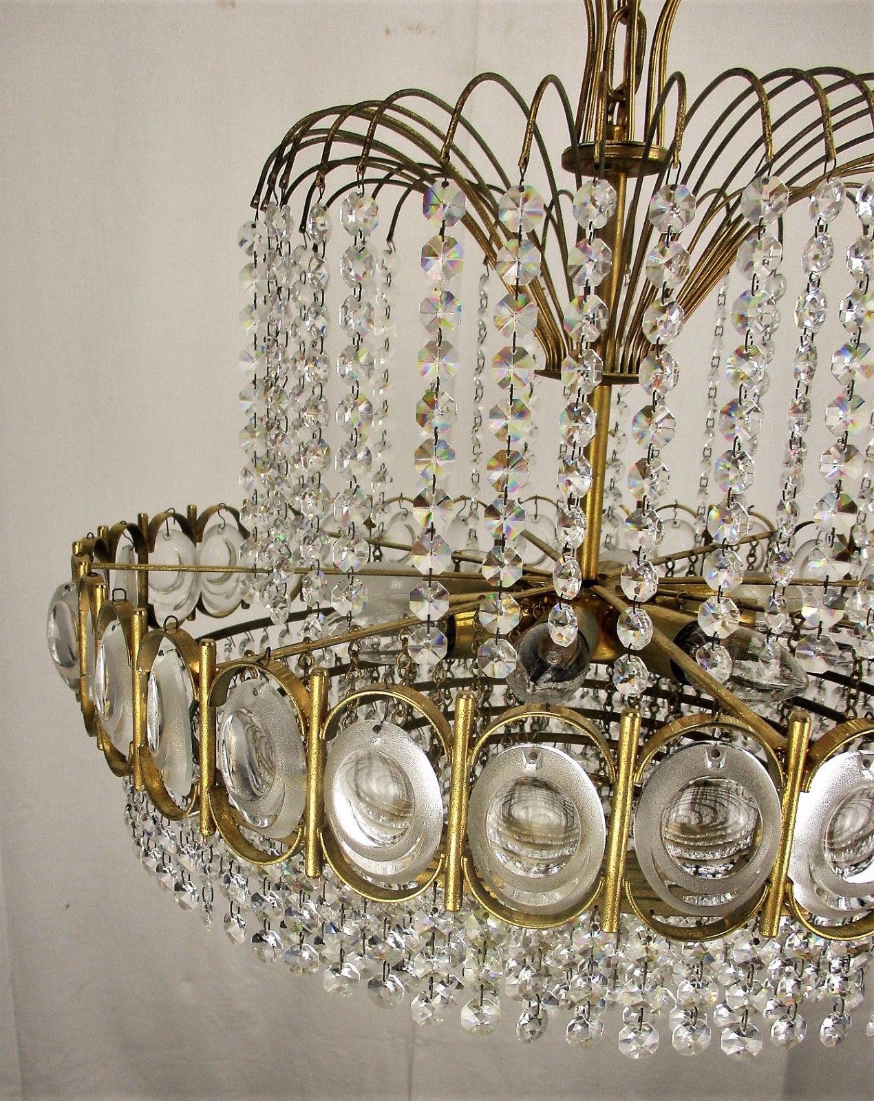 Palwa Chandelier 8 Tier  Gold Plated Swarovski Crystal Prisms 1960s Germany Htf photo vintage