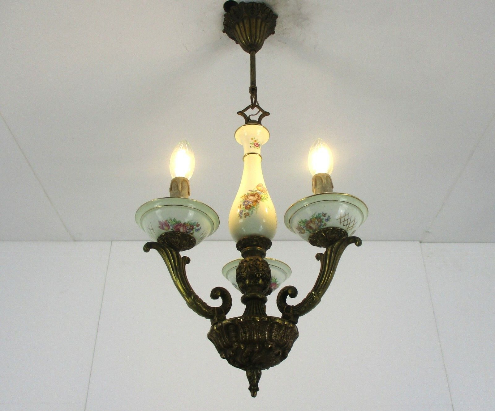 Small Chandelier Ceramic Bronze 3 Lights Arms Italian Style Hollywood Regency photo furniture