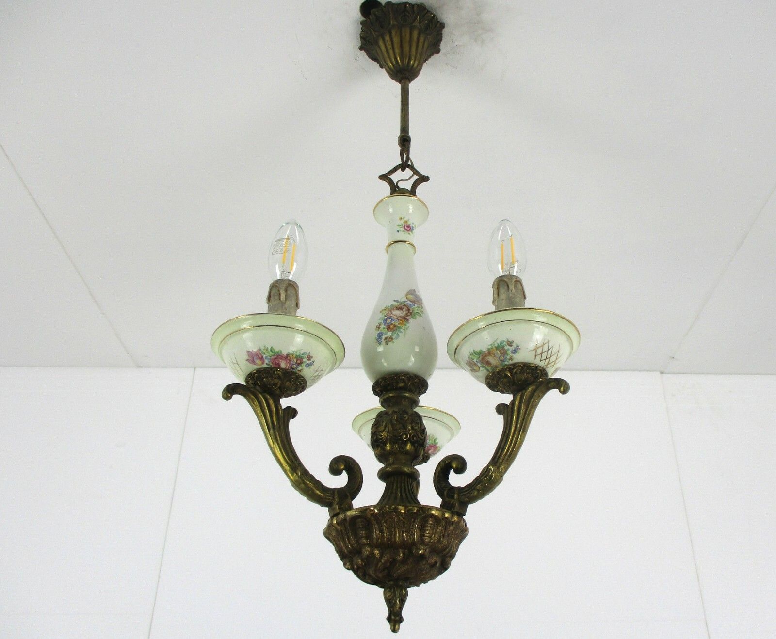 Small Chandelier Ceramic Bronze 3 Lights Arms Italian Style Hollywood Regency photo 256.0