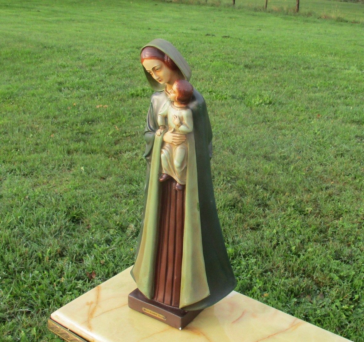 L Polychrome Virgin Mary Our Lady Of Flanders Madonna Infant Plaster Statue  21" photo furniture