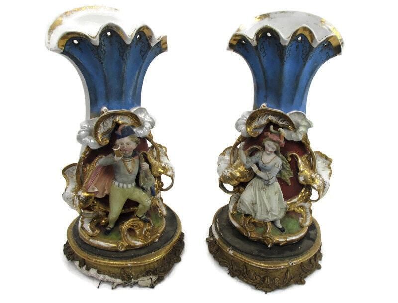 Stunning Pair Large Antique Vieux Paris Porcelain Flair Cornet Vases Porcelain F