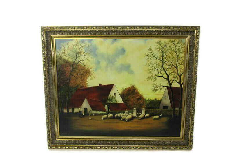 Large Painting Framed Ornate Oil On Canvas Signed M. Cauwelier Farm Peasants