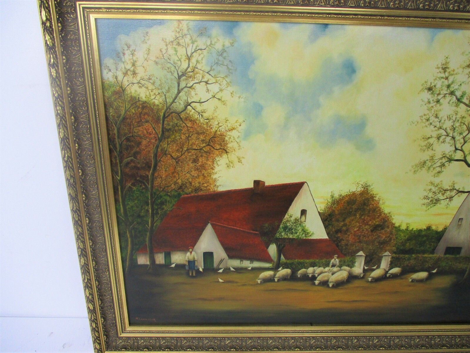 Large Painting Framed Ornate Oil On Canvas Signed M. Cauwelier Farm Peasants photo for sale