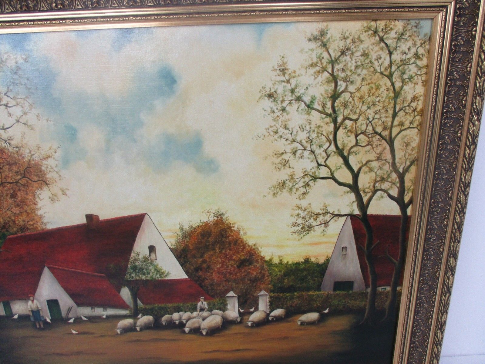 Large Painting Framed Ornate Oil On Canvas Signed M. Cauwelier Farm Peasants photo Art