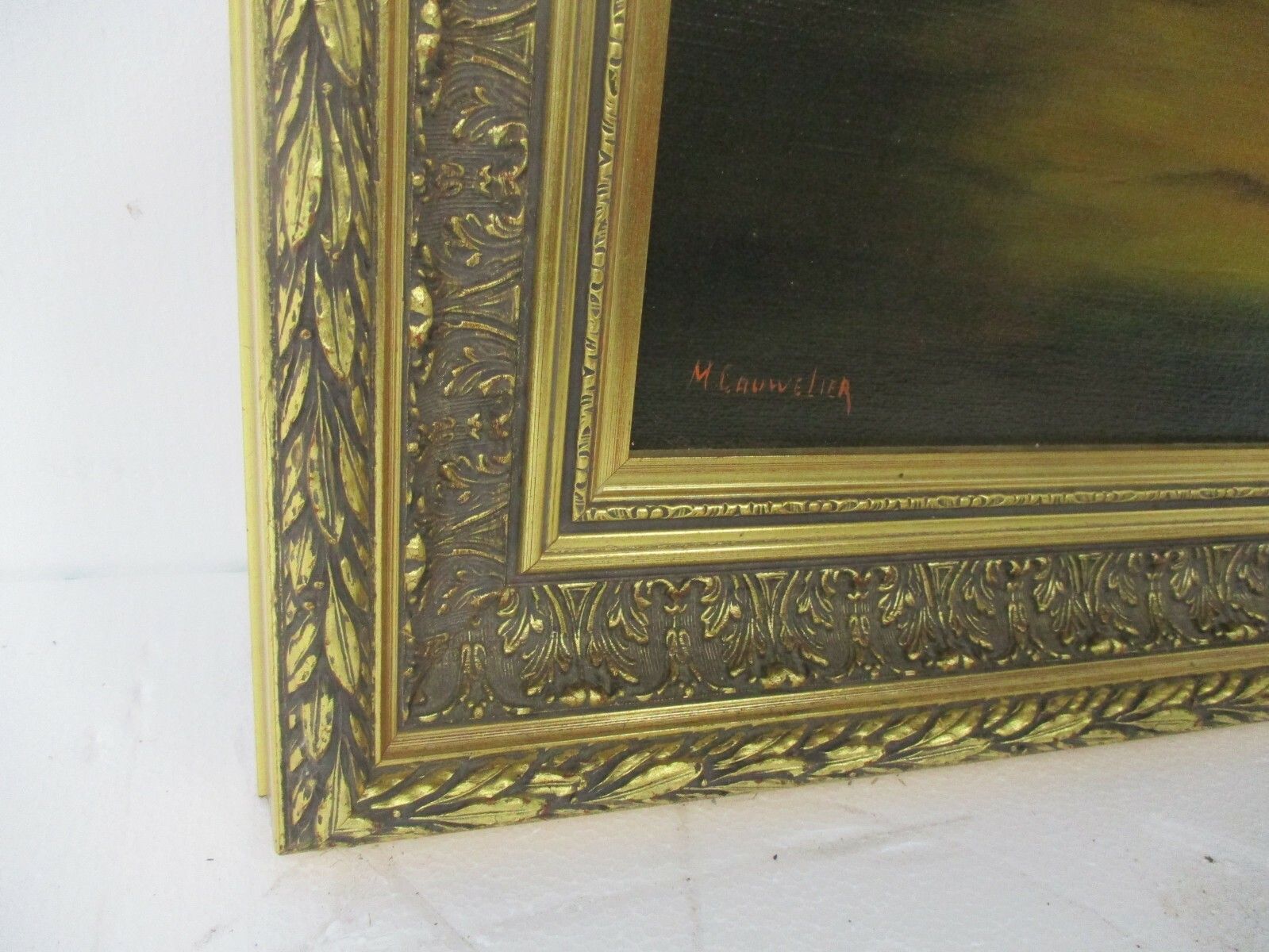 Large Painting Framed Ornate Oil On Canvas Signed M. Cauwelier Farm Peasants photo vinterior