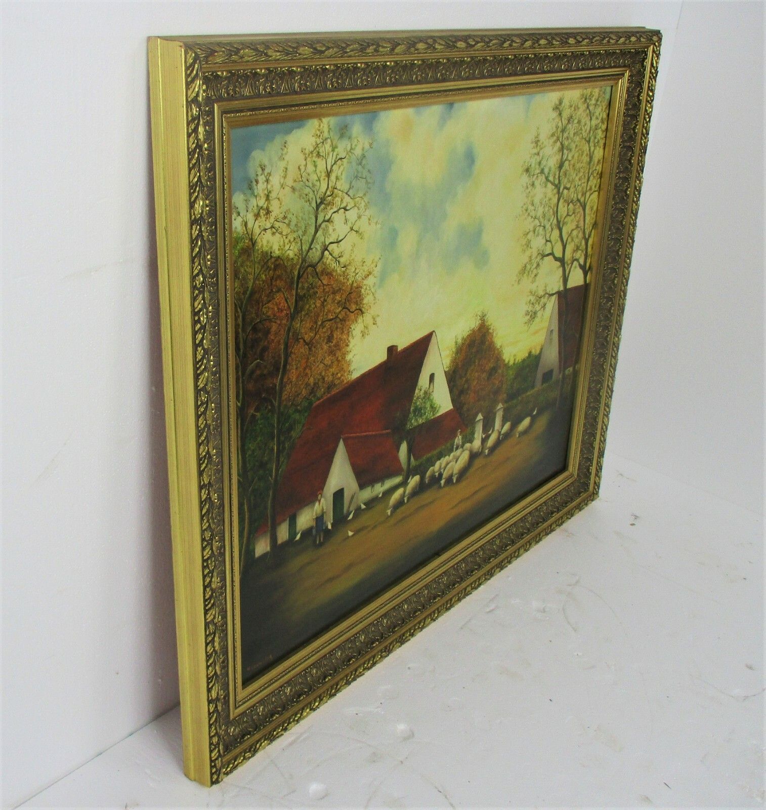Large Painting Framed Ornate Oil On Canvas Signed M. Cauwelier Farm Peasants photo vintage