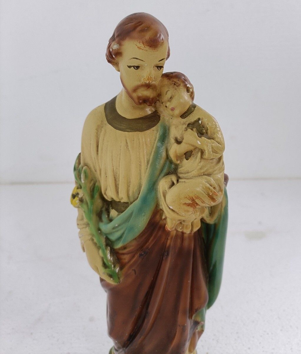 Statue Saint Joseph Protector Of Homes Infant Jesus Polychrome Plaster Lillies photo furniture