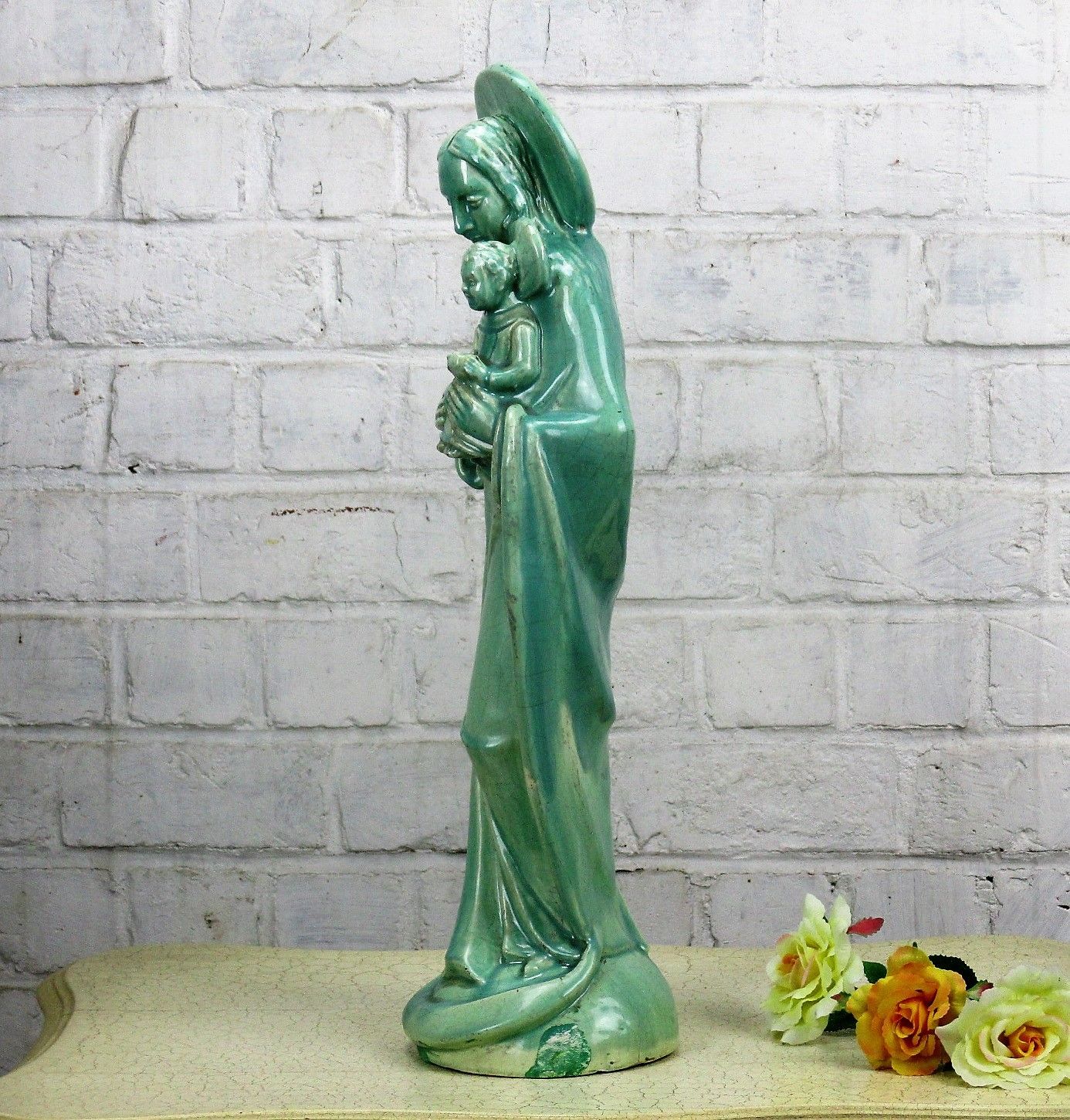 Statue Flemish Pottery Poterie Flamande Madonna Virgin Mary Infant Child 20.47" photo for sale