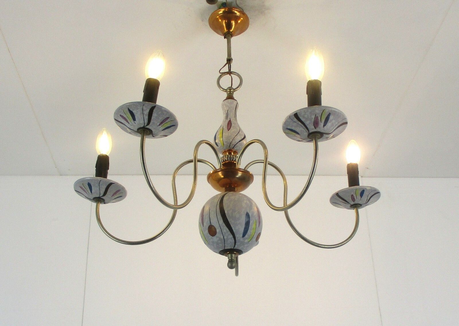 Porcelain Ceramic  Brass Chandelier  West Germany Style 5 Arms Lights Wonderful photo vinterior