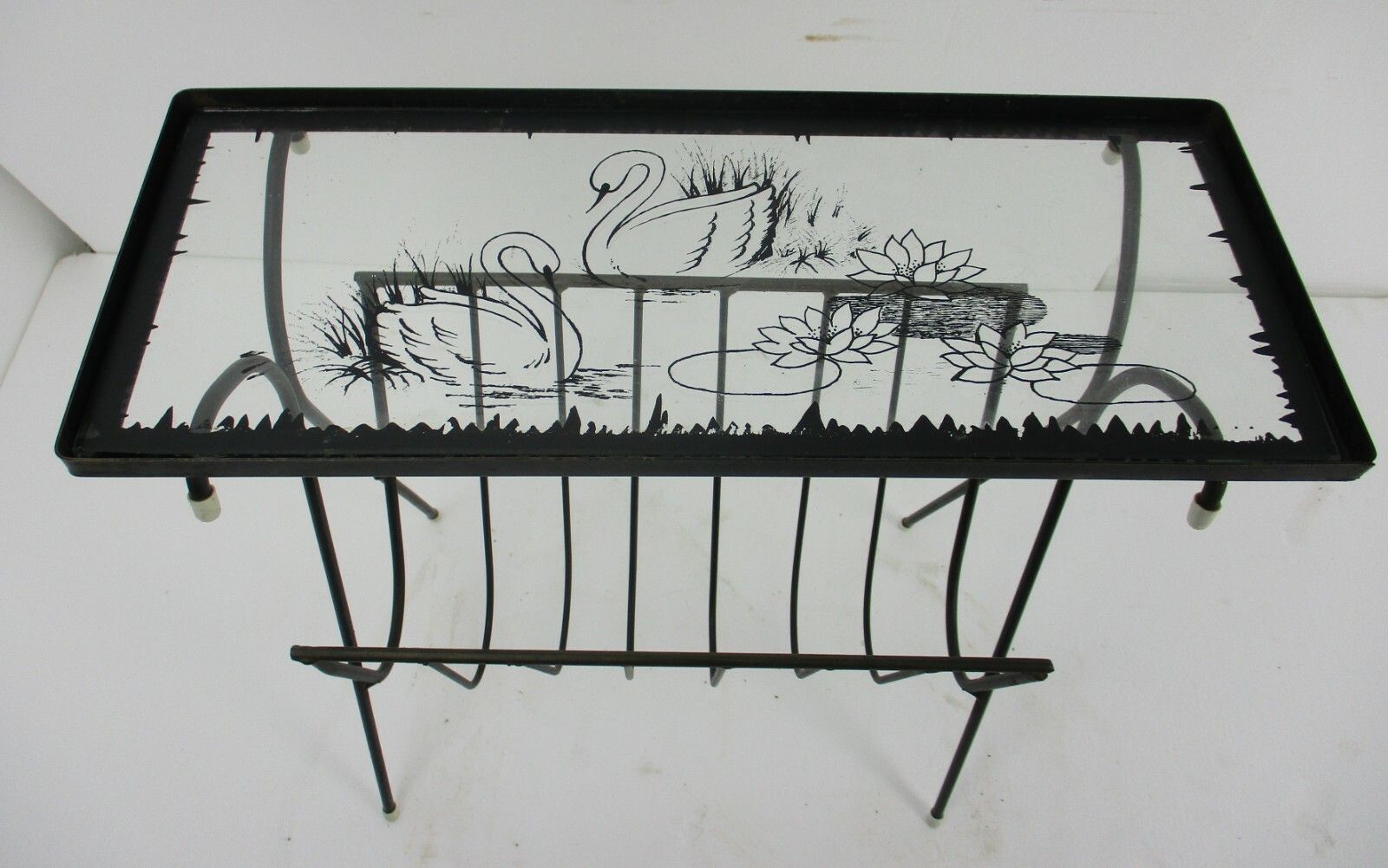 Side Table Magazine Rack  Wrought Iron Legs Glass Top Hand Painted Swans Vintage photo furniture