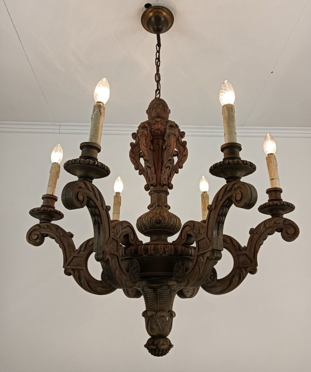 Hand Carved Ornate Wood Chandelier 6 Lights Arms Ceiling Light Lamp Mid Century photo for sale