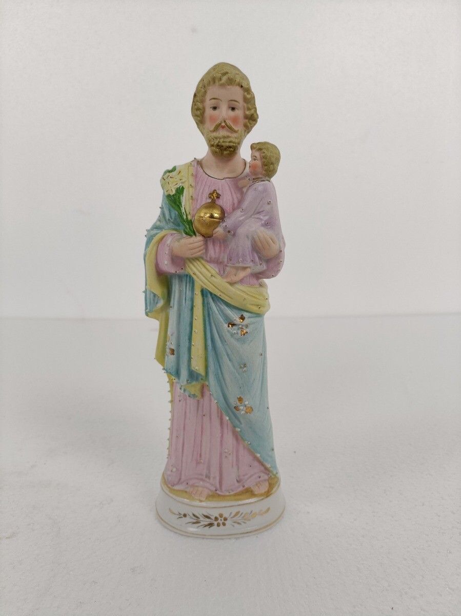 Statue Saint Joseph Protector Of Homes Infant Jesus Bisque Porcelain  Vintage photo furniture