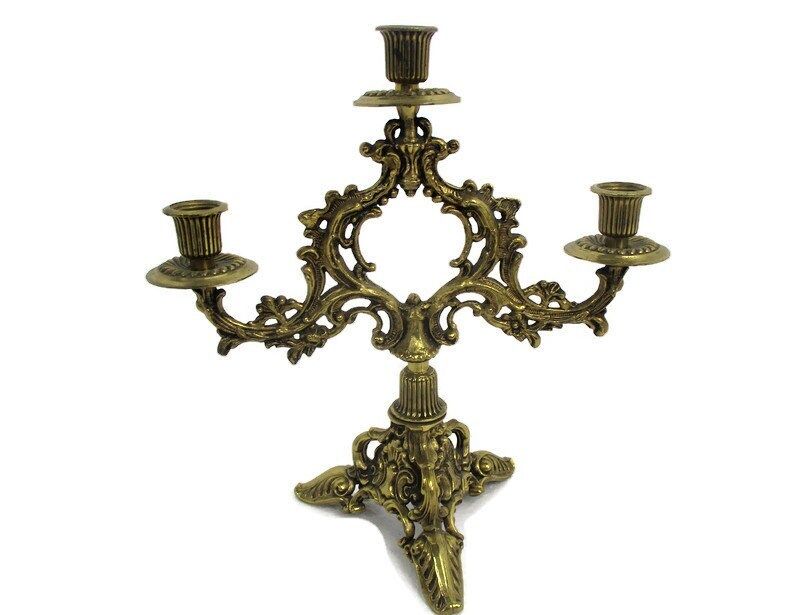 Gorgeous Brass Ornate Embossed Candle Holder Stick Candelabra 3 Arm  Lovely Vint
