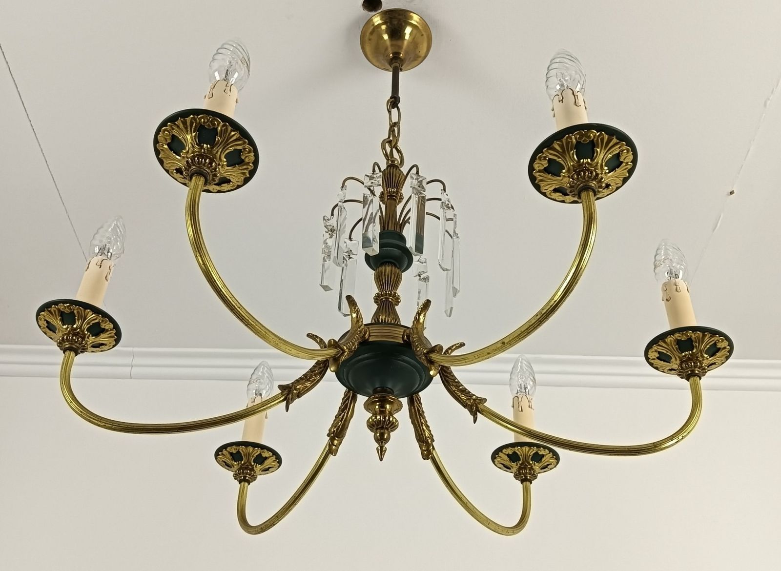 French Empire Pan Chandelier With Prisms 6 Lights Hollywood Regency Style Vintag photo buy