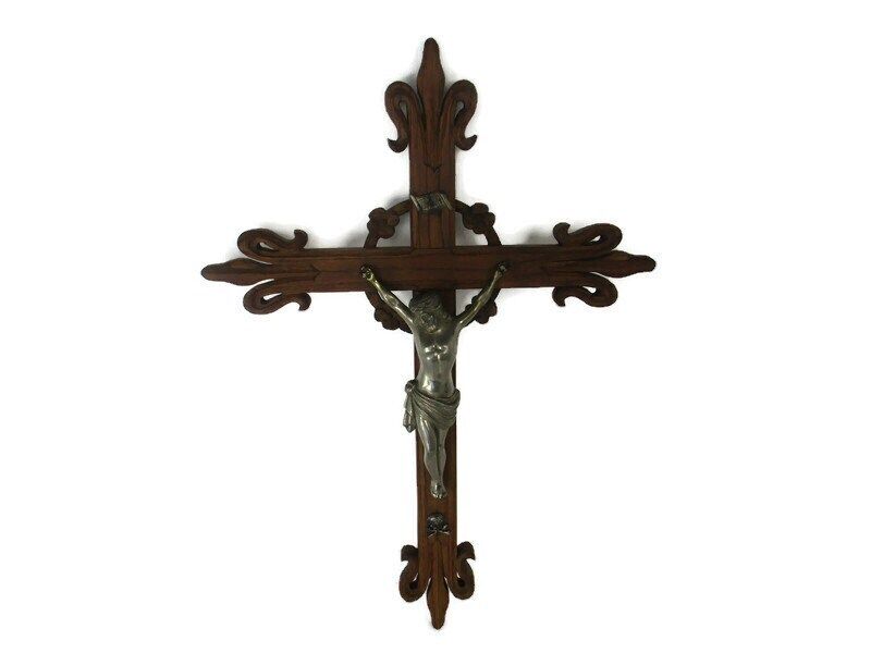 Xl Hand Carved Wood Hanging Ornate Church Chapel Crucifix French Fleur De Lis Fa