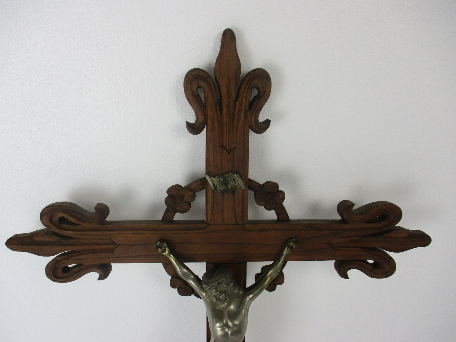 Xl Hand Carved Wood Hanging Ornate Church Chapel Crucifix French Fleur De Lis Fa photo furniture