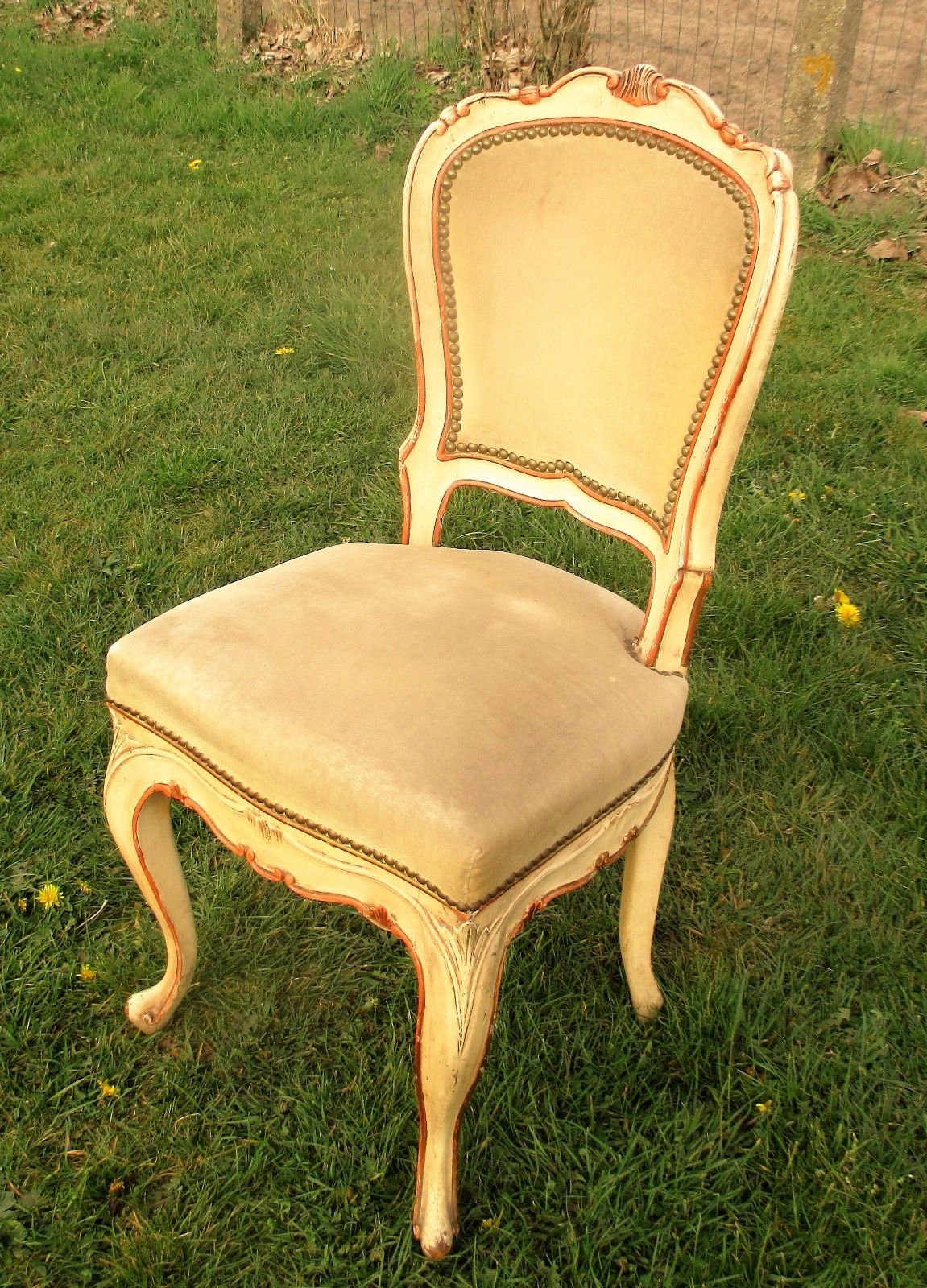 Elegant Louis Philippe Antique Chair White Beige Velvet Fabric Carved Wood photo furniture