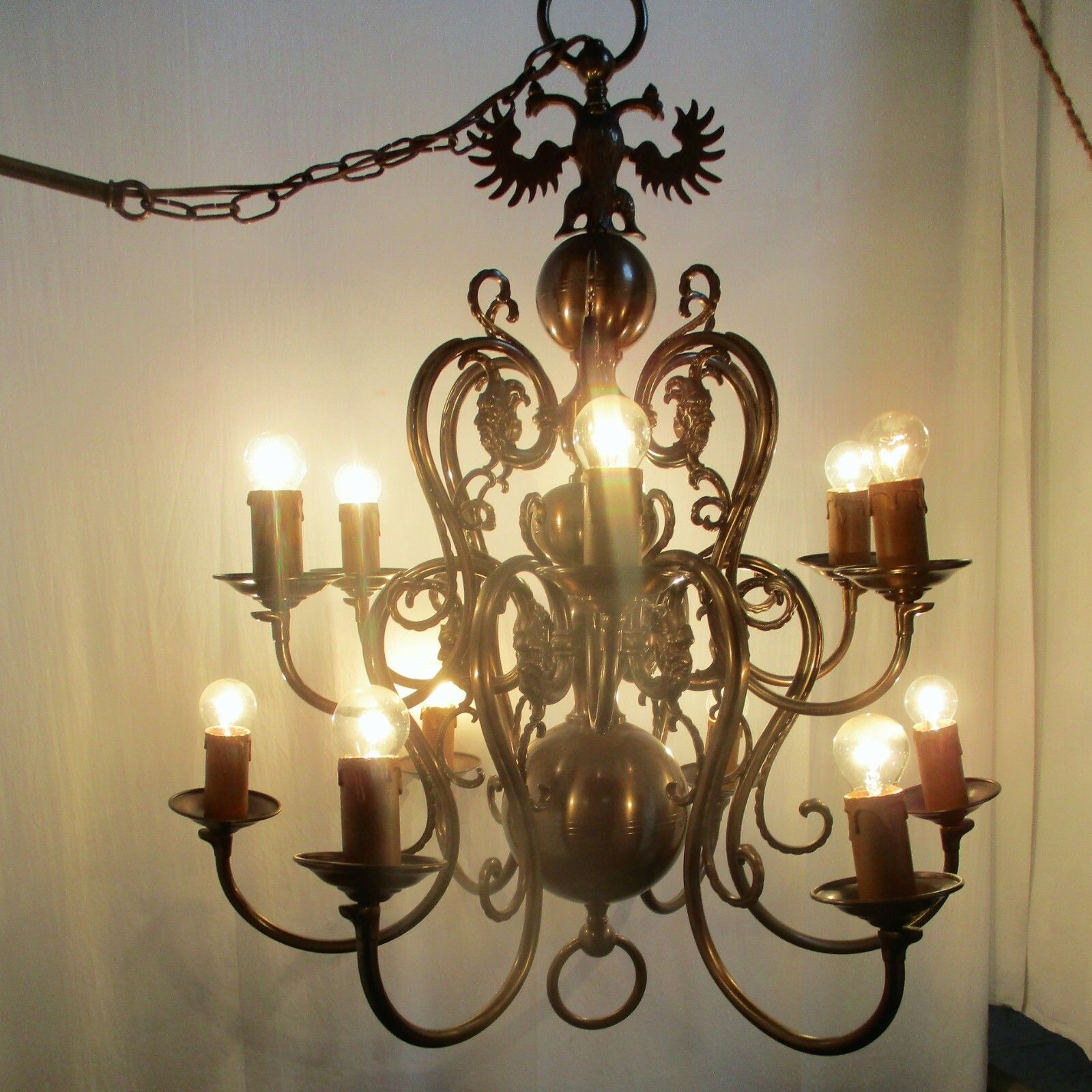 Huge Antique Flemish Double 12 Arms Castle Chandelier Eagle Jesters Gothic Brass photo for sale