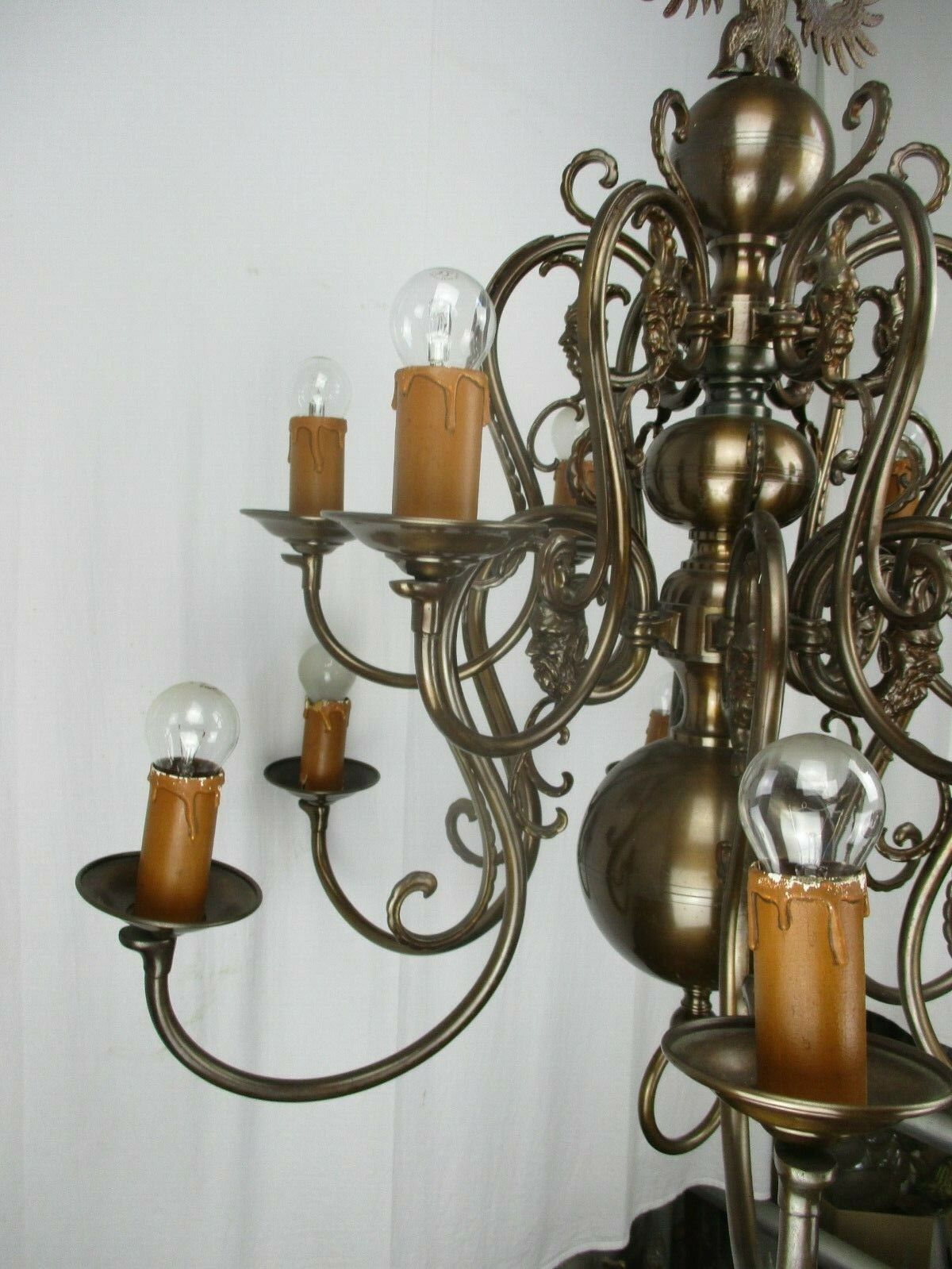 Huge Antique Flemish Double 12 Arms Castle Chandelier Eagle Jesters Gothic Brass photo buy