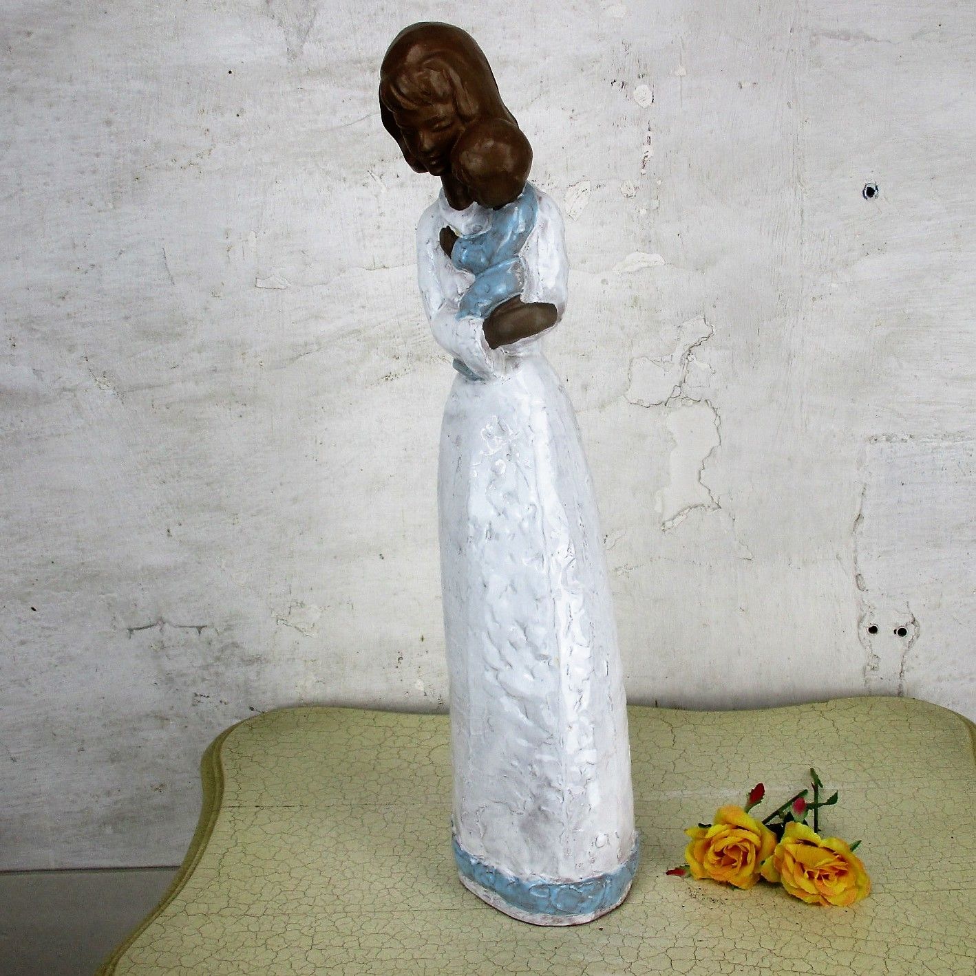Large Glazed Ceramic Statue Virgin Mary Infant Child Mother And Child Polychrome photo 260.0