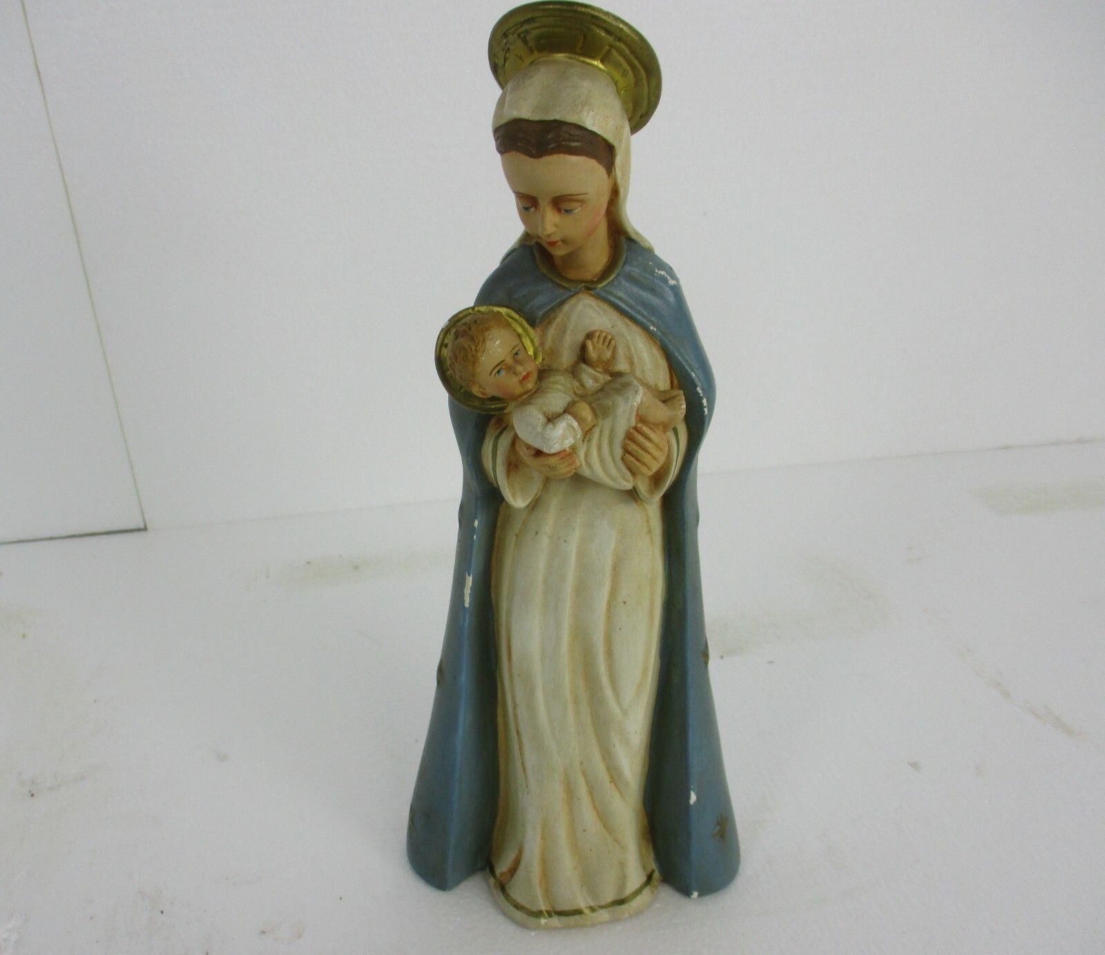 Art Deco Virgin Mary Madonna Infant Child Plaster Polychrome Tenderness Statue photo furniture
