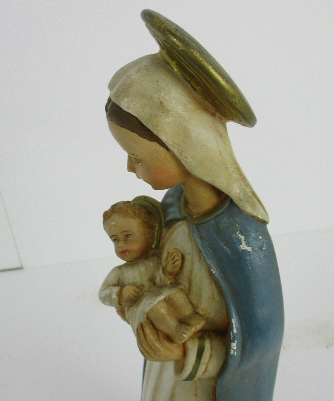 Art Deco Virgin Mary Madonna Infant Child Plaster Polychrome Tenderness Statue photo buy