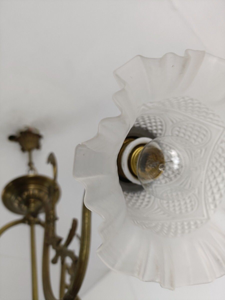 Chandelier Vintage 4 Lights 3 Arm Brass Etched Glass Shades Gorgeous  Light photo buy