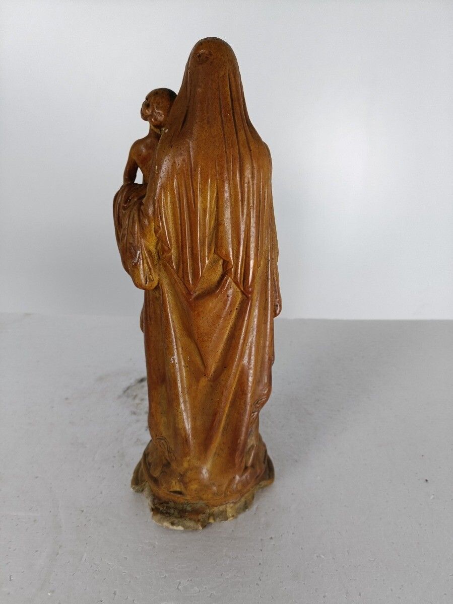 Statue Virgin Mary Infant Jesus Child Gold Brown Plaster Ornate Antique photo vintage