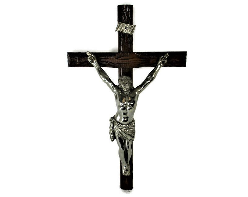 Hand Carved Wood Hanging Ornate  Crucifix Jesus Christ Spelter Faux Brass Corpus