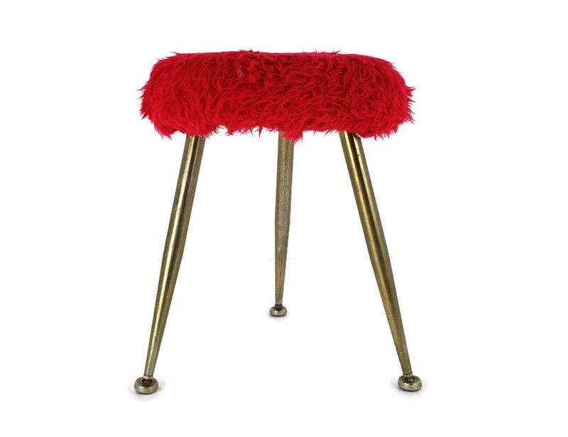 Retro Red Plush Stool Chair Retro Metal Tripod Legs Mid Century Design Brass Fun