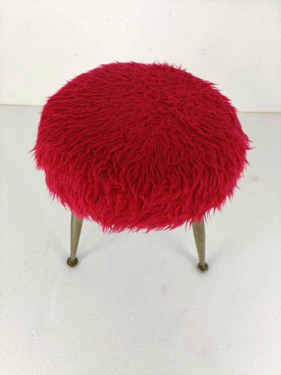Retro Red Plush Stool Chair Retro Metal Tripod Legs Mid Century Design Brass Fun photo for sale