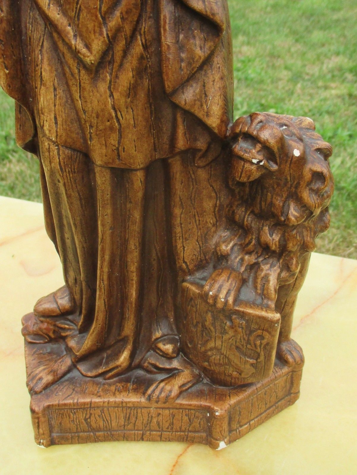 Antique Statue Virgin Mary Madonna Infant Child Plaster Lion Gothic Brown 16" photo Art