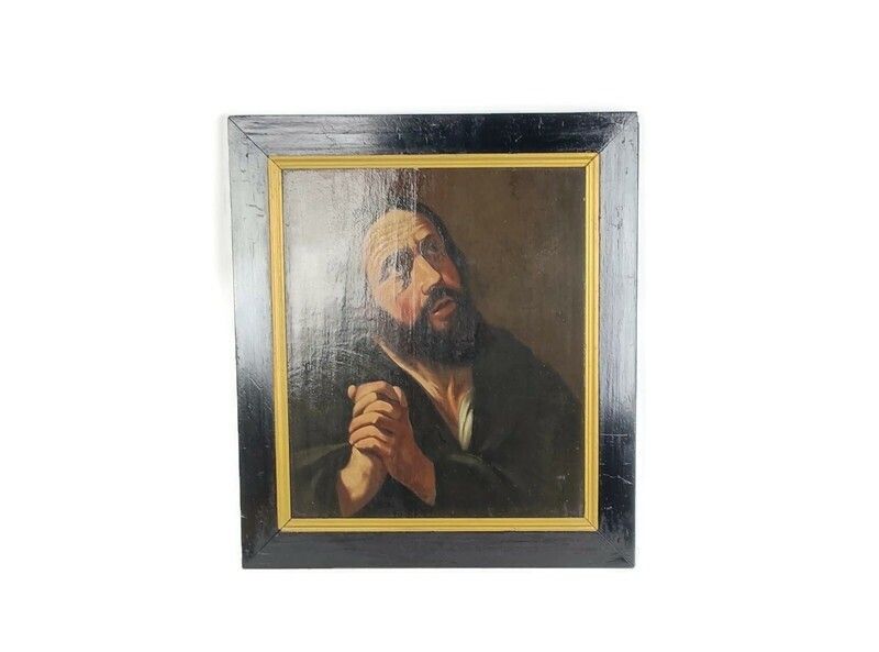 Stunning Painting Oil On Wooden Panel Praying Man Looking Up To Heaven  18th Cen