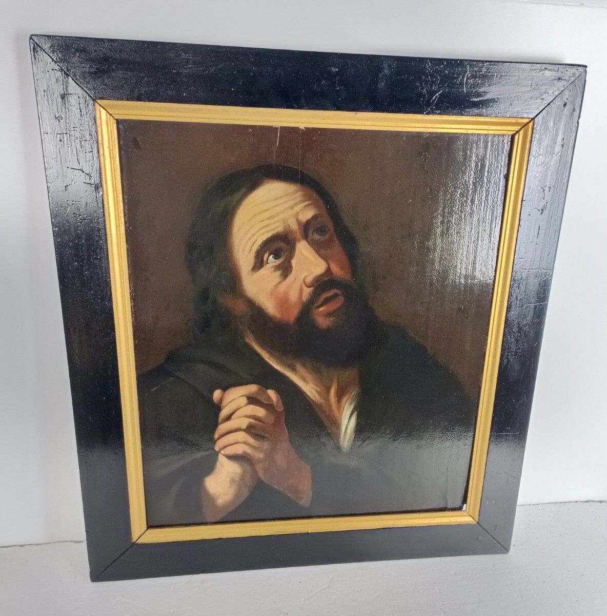 Stunning Painting Oil On Wooden Panel Praying Man Looking Up To Heaven  18th Cen photo furniture