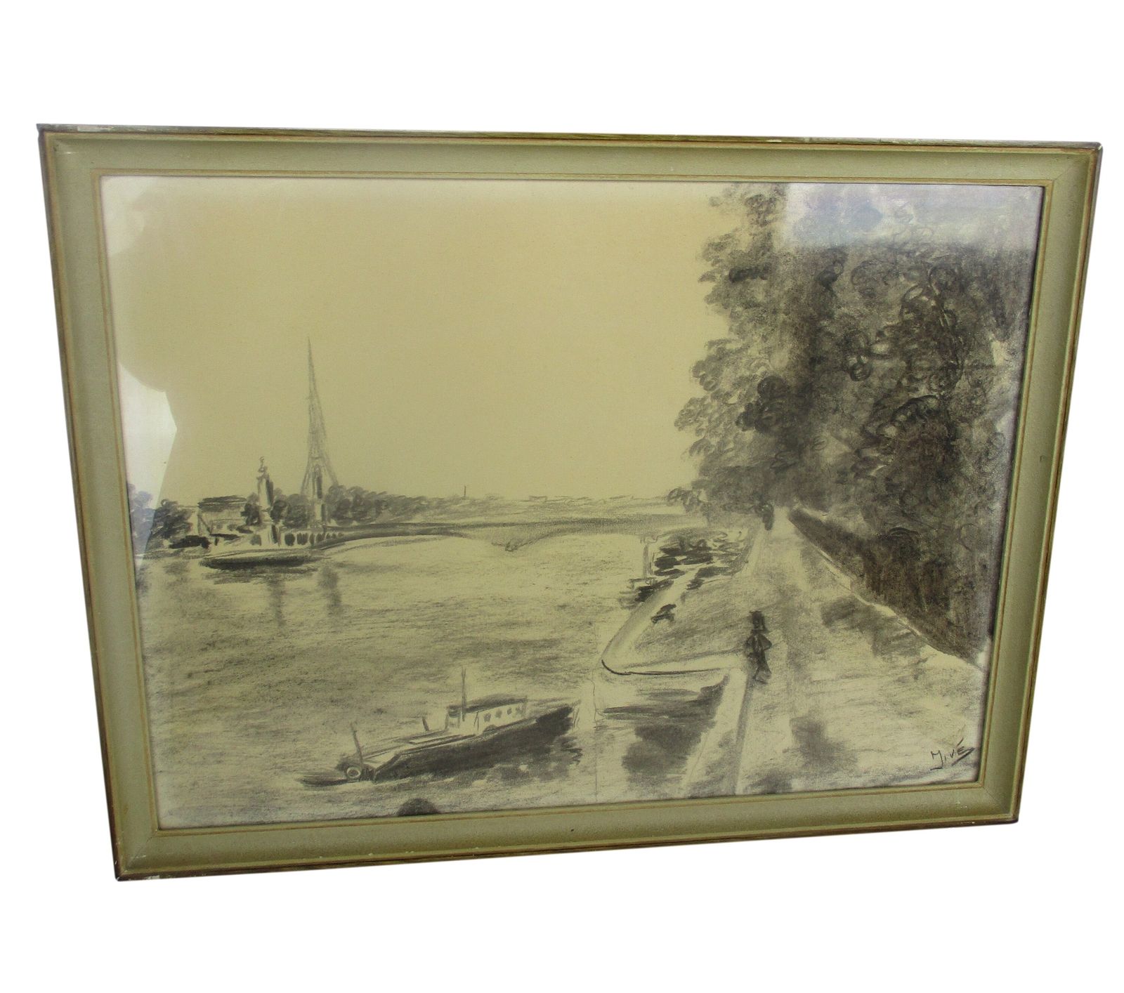 Lovely Framed Sketch Pencil Paris Seine Eiffel Tower Signed Jivé Wall Hanging photo furniture