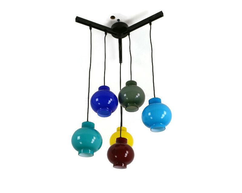 Italian Design Cascase Chandelier Fixture Mixed Colored Glass Shades Attributed