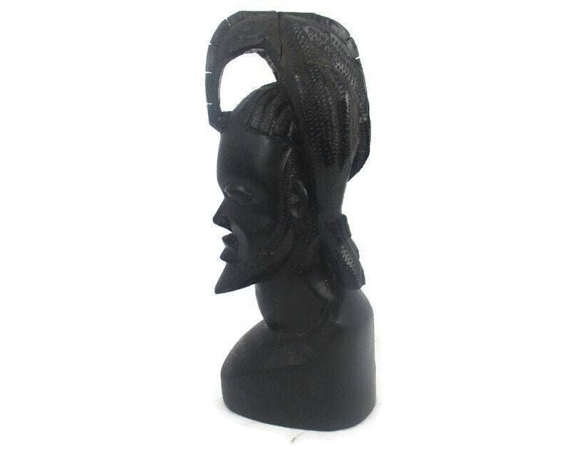 Large Vintage African Statue Handmade Carved Dark Wood Tribal Art Man Bust