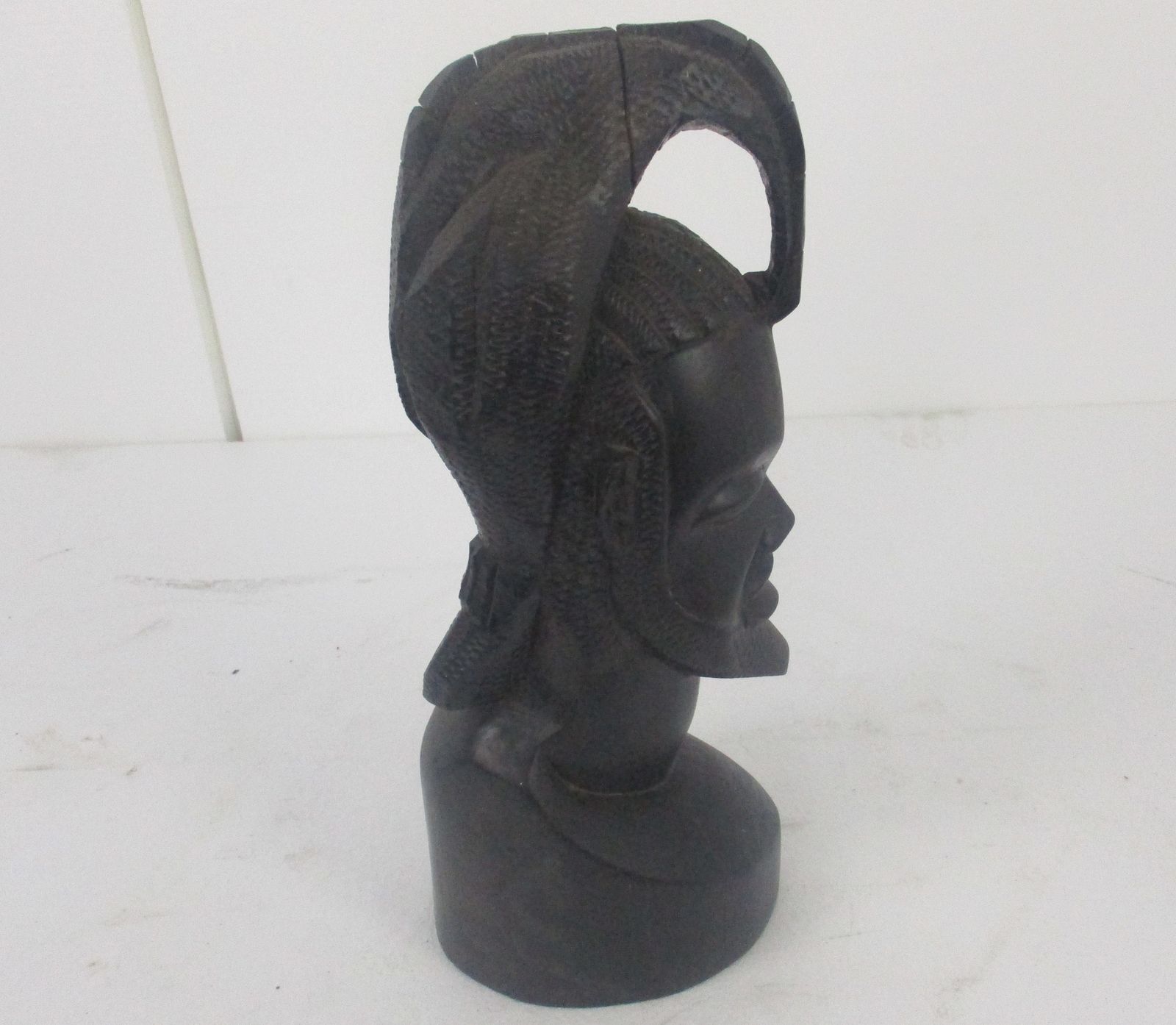 Large Vintage African Statue Handmade Carved Dark Wood Tribal Art Man Bust photo for sale