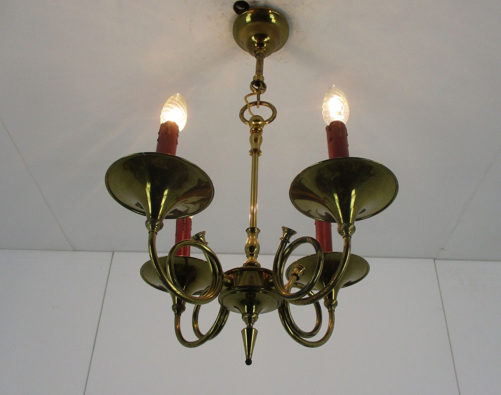 Trumpet Chandelier + Trumpet Wall Sconce Brass  4 Arms Hollywood Regency Set photo vinterior