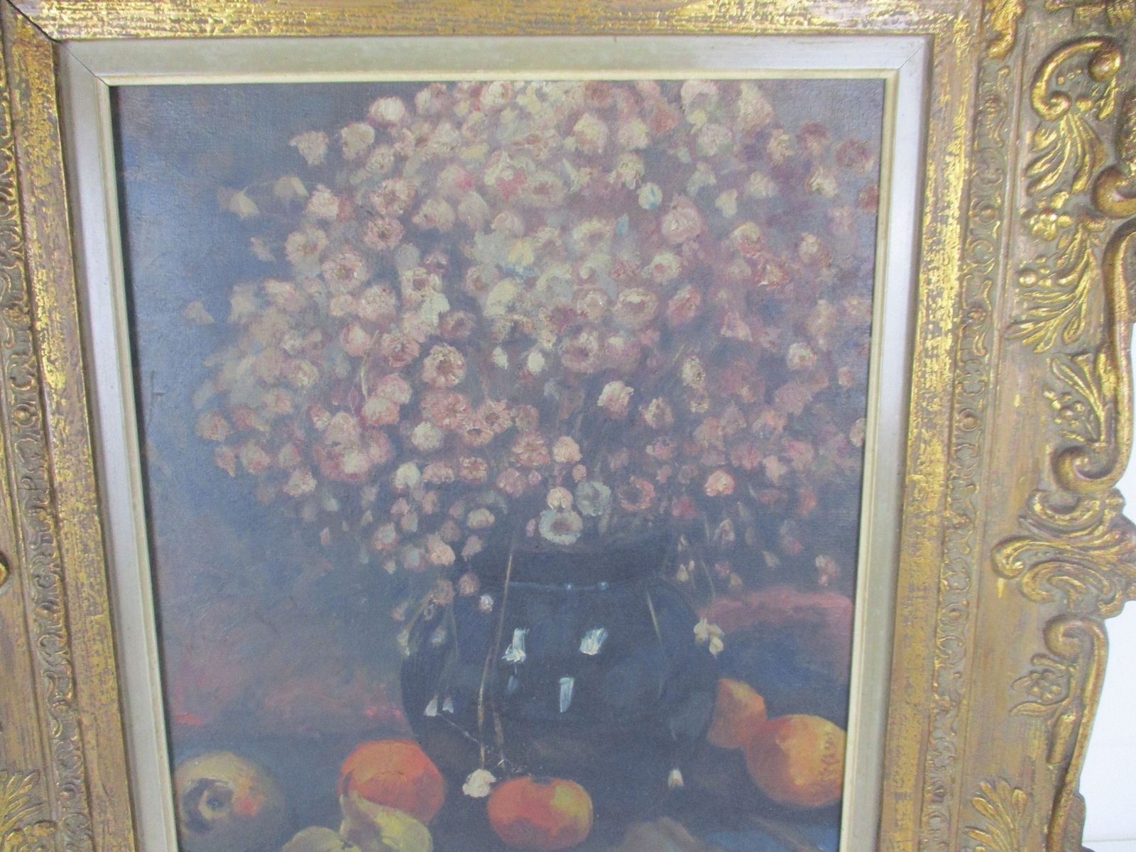Oil Painting On Canvas  Gorgeous Wooden Frame Still Life Flowers Vase Signed E photo for sale