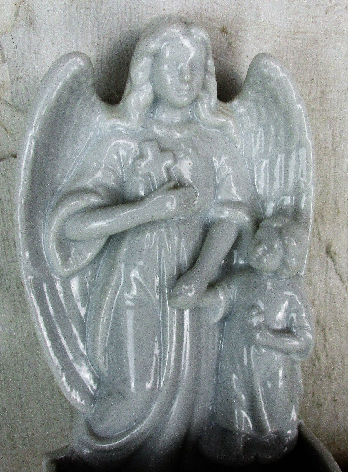 Large Antique French Holy Water Font Bisque Angel Infant Jesus Collector Htf photo for sale