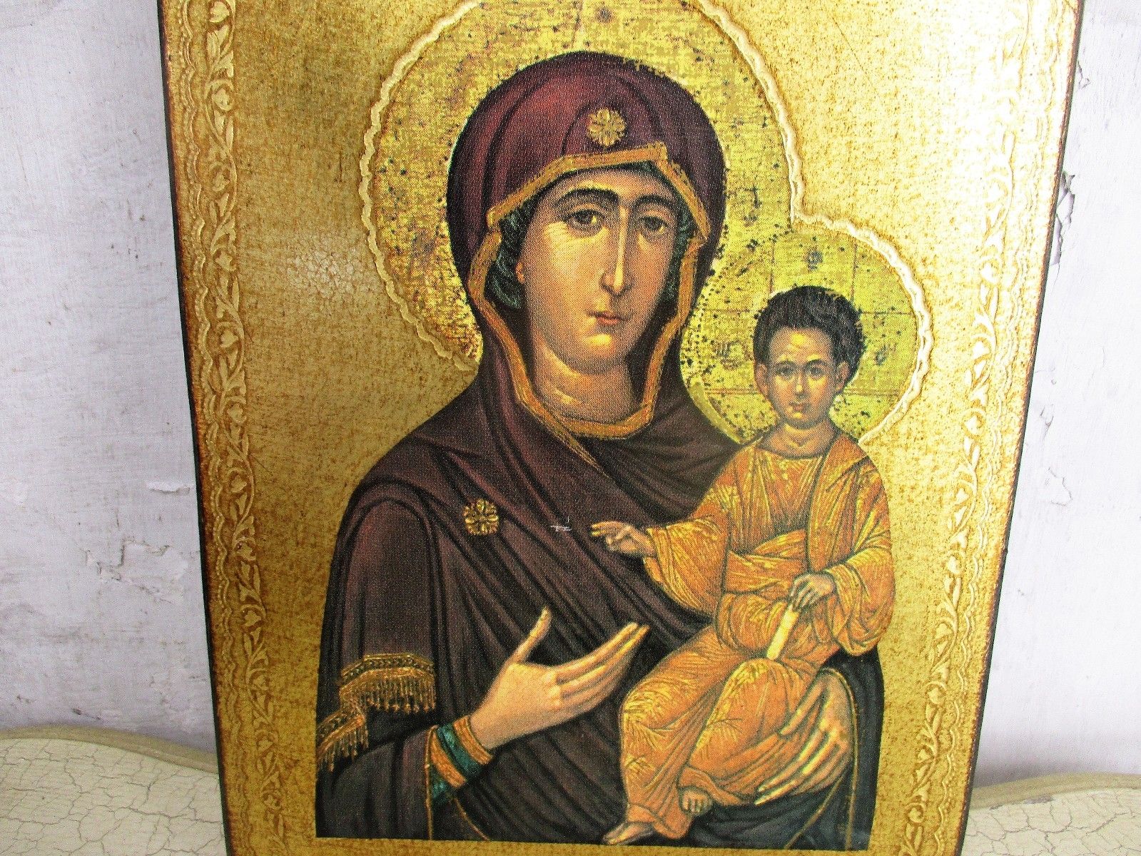 Vintage Florentine Wooden Icon Magnificat Paint Over Print Gold Relief Edge  Htf photo for sale