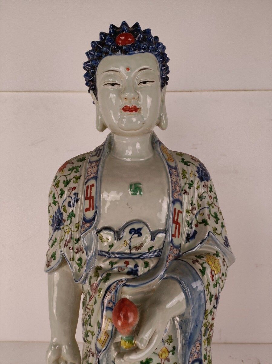 Xl Statue Porcelain Buddha Prosperity  Vintage Gorgeous Polychrome photo 1294.0