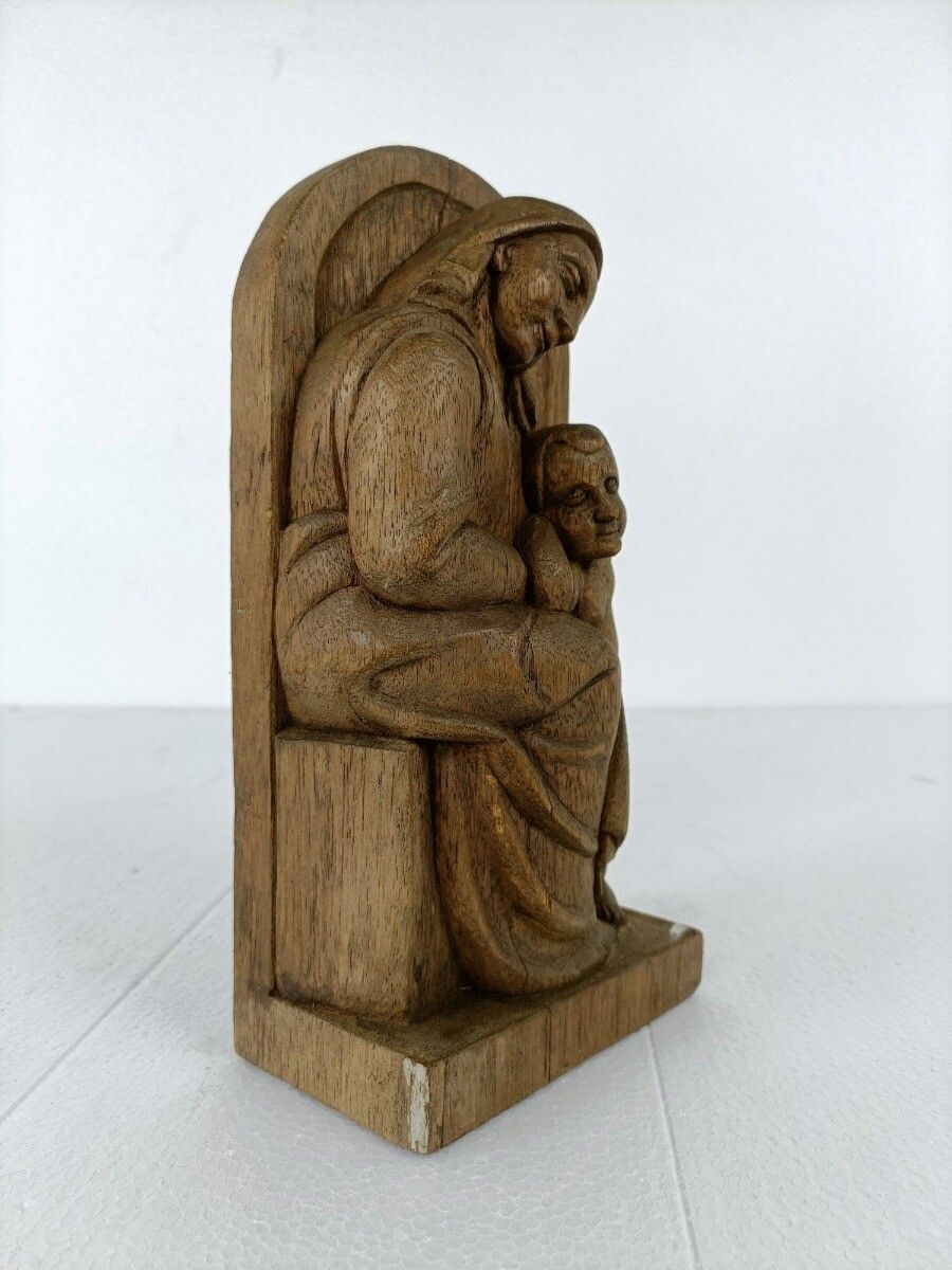 Sculpture Statue Figurine Hand Carved Wood Mother And Child Signed G Gysen photo 73.0