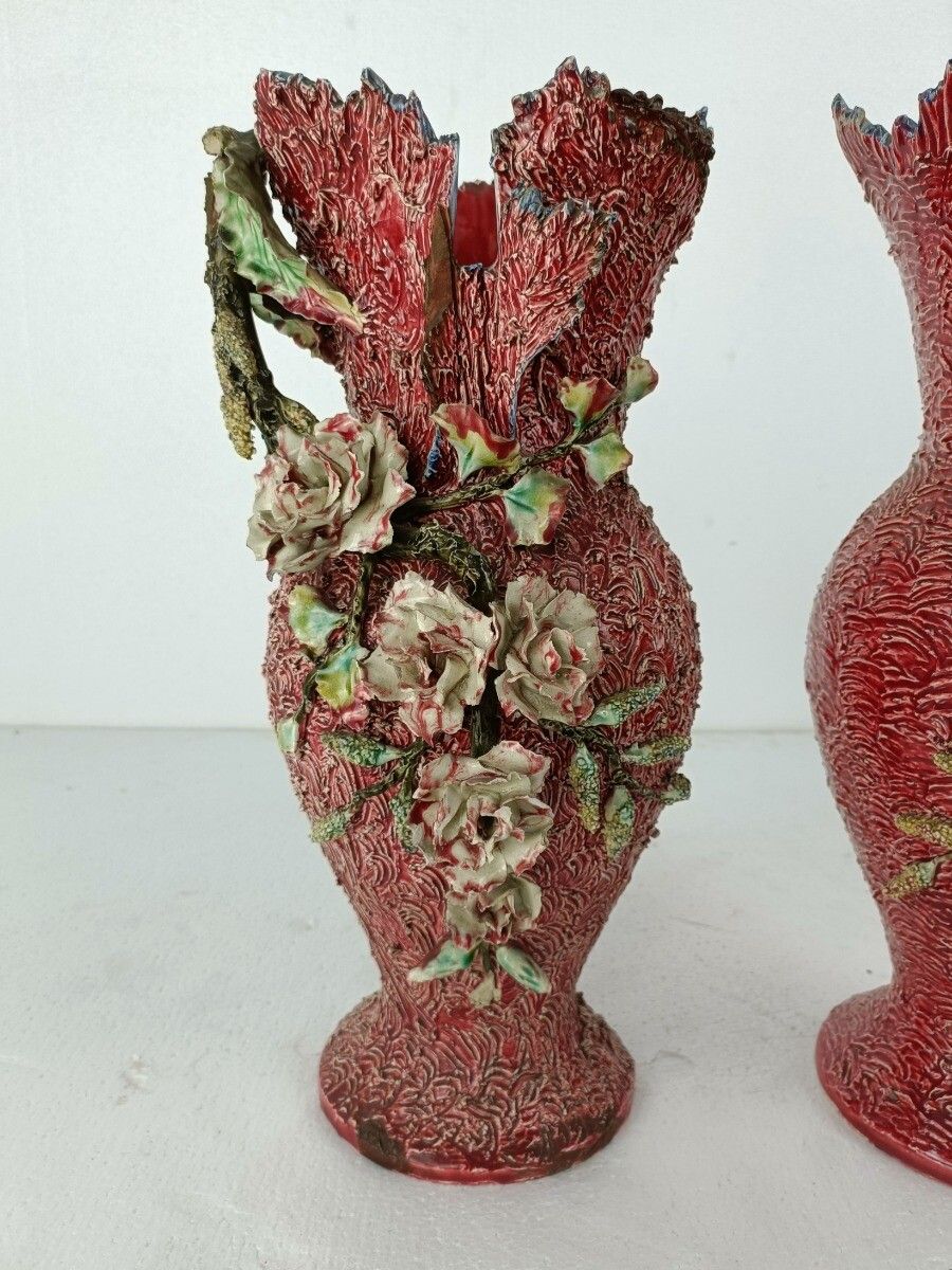 Pair Of 19th Century Barbotine Vases France Antique Majolica Adorned Flowers photo for sale