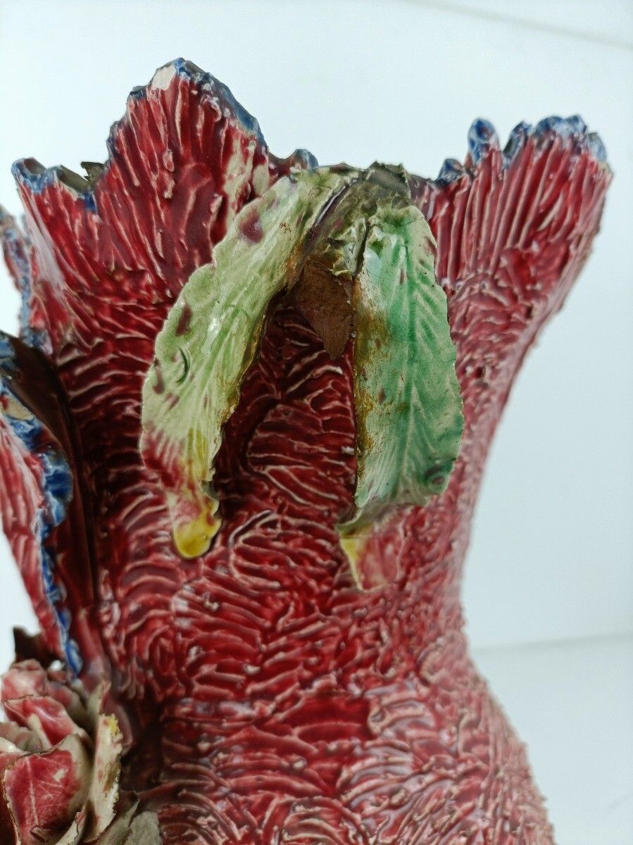 Pair Of 19th Century Barbotine Vases France Antique Majolica Adorned Flowers photo vintage
