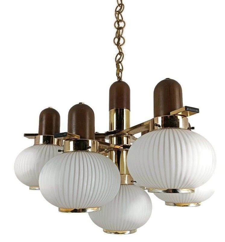 Vintage Chandelier 7 Lights Glass Shades Teak Wood Gold Chrome Funky Wow
