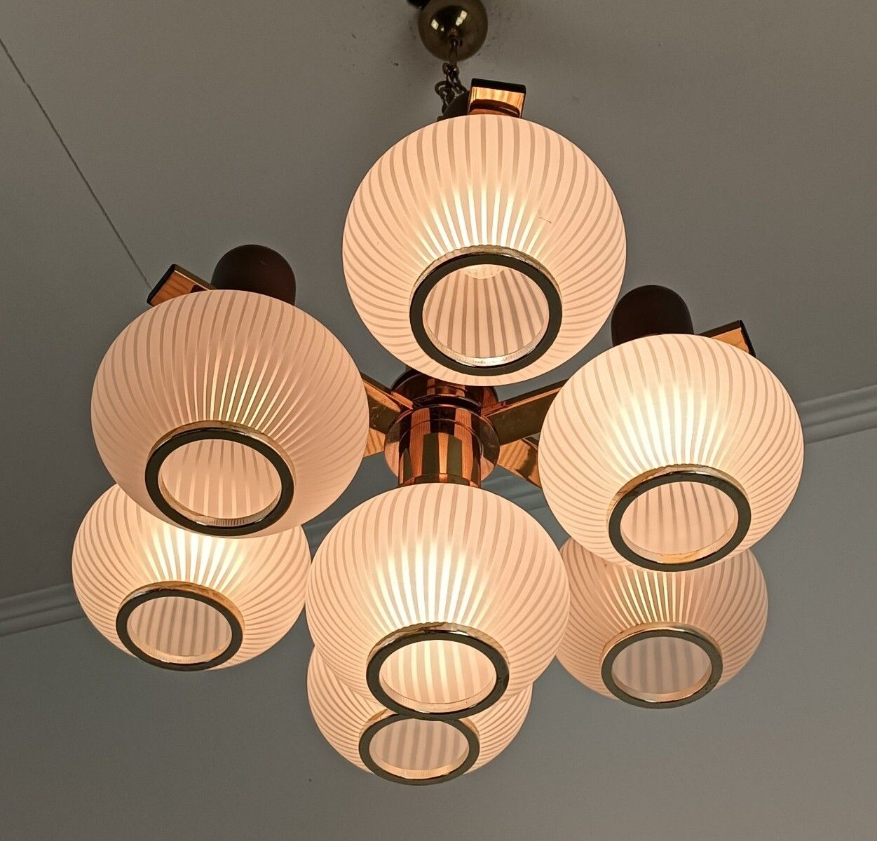 Vintage Chandelier 7 Lights Glass Shades Teak Wood Gold Chrome Funky Wow photo for sale