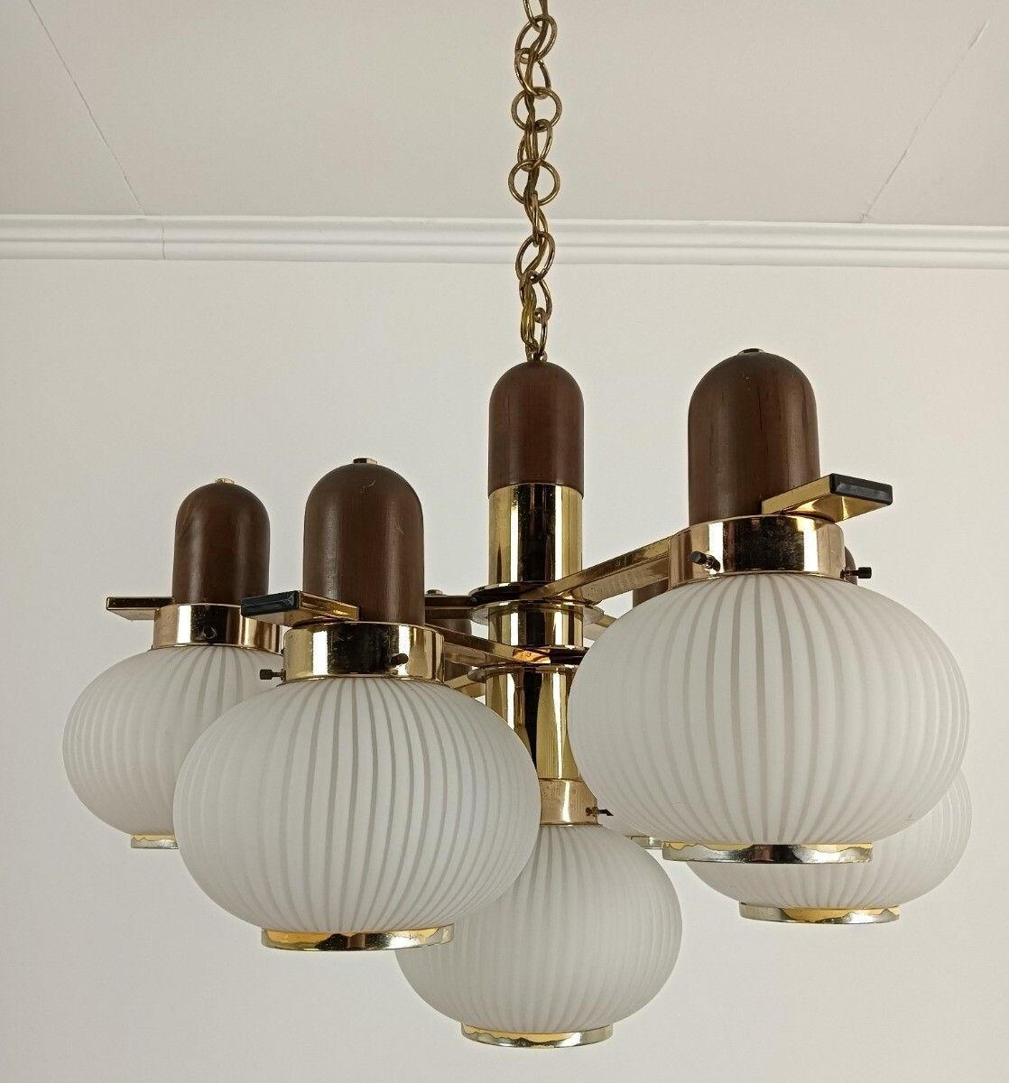 Vintage Chandelier 7 Lights Glass Shades Teak Wood Gold Chrome Funky Wow photo 687.0
