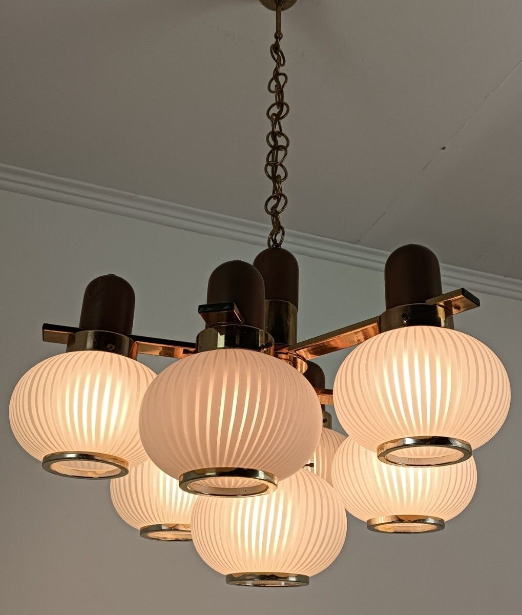Lighting Vintage Chandelier 7 Lights Glass Shades Teak Wood Gold Chrome Funky Wow photo
